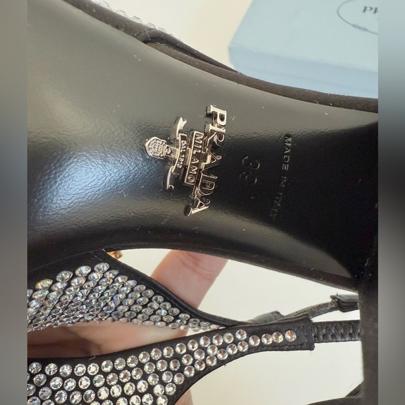 PradaBlack Satin Leather Jewel embellished Triangle logo slingback pumps EU 39 - Picture 12 of 14